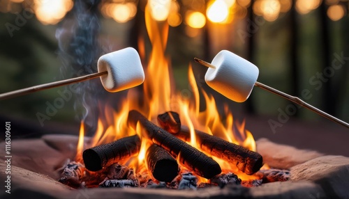 Marshmallows roasting over an open flame during a cozy campfire moment, creating a nostalgic and warm atmosphere
