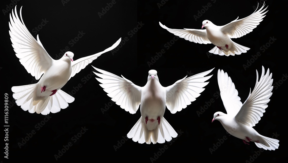 Obraz premium Doves, White, Birds, Flying, Wings, Feathers, Peace, Purity, Freedom, Grace, Elegant, Serene, Calm, Tranquil, Sky, Flight, Soaring, Airborne, Symbolic, Hope, Love, Gentle, Delicate, Beautiful, Pure, I