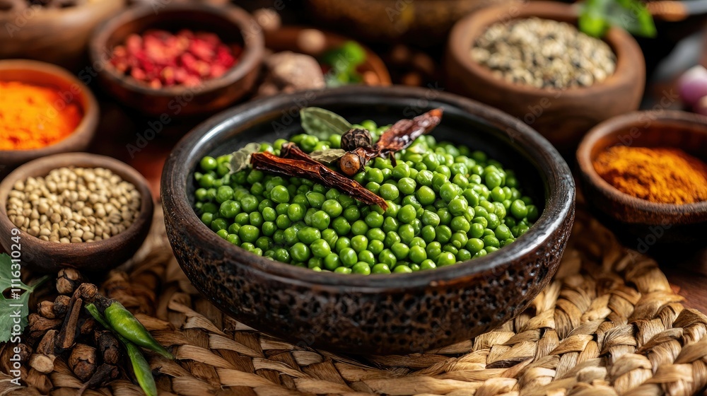 A bowl of green peas placed on a woven mat, surrounded by various spices and seasonings A bowl of green peas placed on a woven mat, surrounded by various spices and seasonings