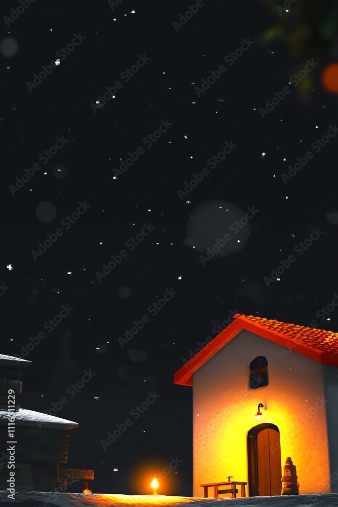 Fototapeta premium A candlelit house glows warmly against a snowy night sky. Сoncept of Candlemas Day. Template for background, banner, card, poster