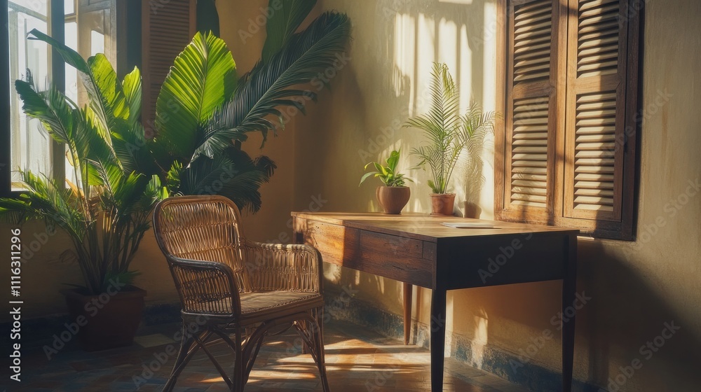 Obraz premium Sunlit Room With Plants Wooden Desk And Chair