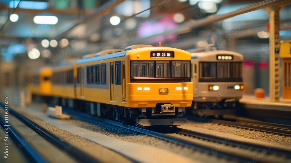 Fototapeta premium Yellow train on miniature railway in indoor model exhibit