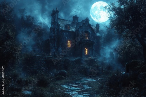 mysterious haunted house nestled in a shadowy forest, illuminated by eerie moonlight, creating a chilling and suspenseful scene, perfect for halloween-themed imagery