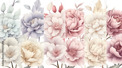 Elegant seamless vector flower patterns with soft pastel colors for backgrounds and decor.