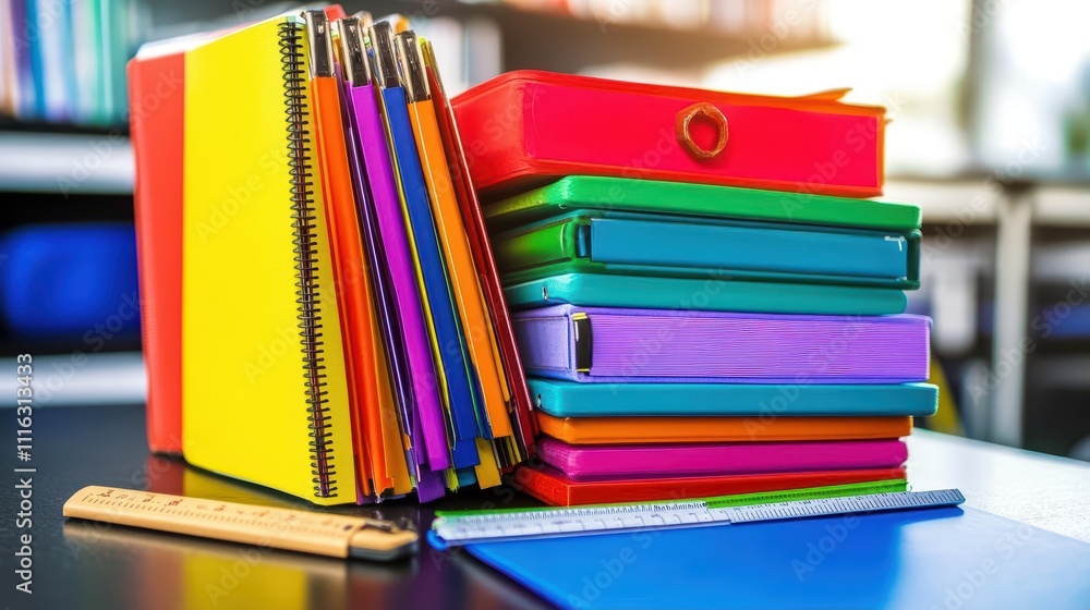 A colorful stack of notebooks and binders on a desk for study or organization. A colorful stack of notebooks and binders on a desk for study or organization.