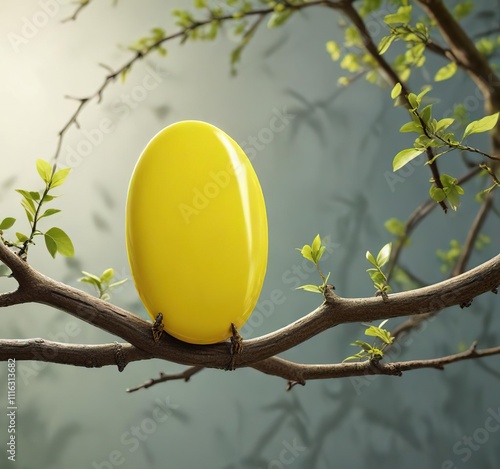 A single large greenish yellow oval perched on a branch, greenish yellow, branches, outdoor photography