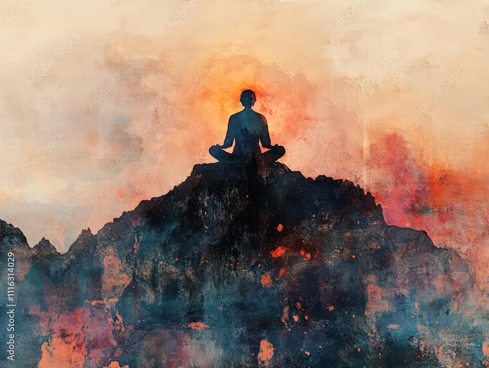 Fototapeta premium Capture the essence of self-reflection with an enchanting figure in Meditation atop a mountain, emanating holographic energy Watercolor, Warm hues, Mystical atmosphere