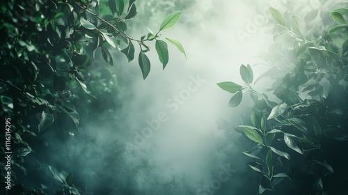 Lush green foliage with soft mist creating a serene atmosphere photo