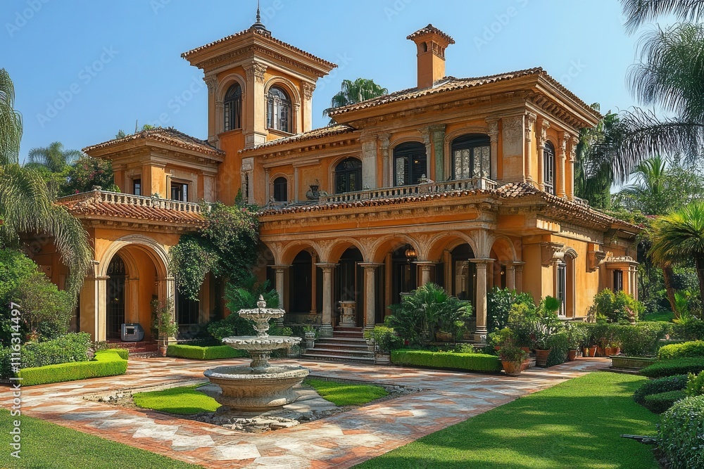 Obraz premium opulent luxury home, combining classic architecture with modern amenities, surrounded by lush landscaping under a clear blue sky, evoking a sense of grandeur and comfort