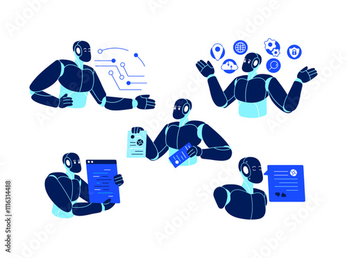 A set of assistants with artificial intelligence. A smart virtual robot that helps you work. The concept of machine learning, artificial intelligence technology. A digital chatbot that provides an aut