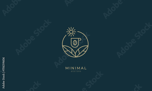 Organic Coffee Bean Logo in Vintage Badge with small icon of a sun 