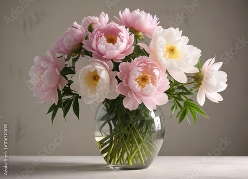 Wallpaper Mural Pink and white peony flowers in a vase with a gentle glow, white, pastel shades, gentle light Torontodigital.ca