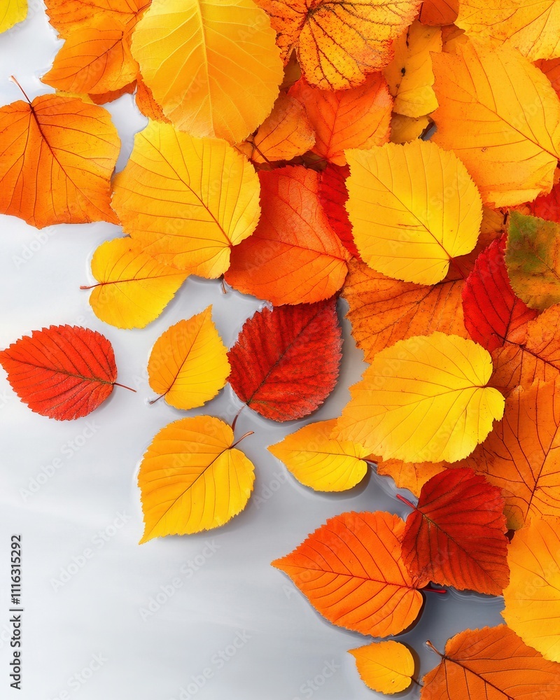 Obraz premium [Autumn Landscape Reflection with Leaves] Vibrant Autumn Leaves Cluster on White Surface - Close-up Detail of Orange & Yellow Fall Color