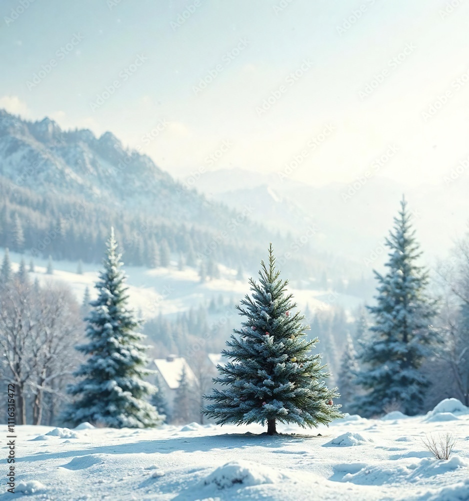 Fototapeta premium Winter landscape with a small Christmas tree in the foreground, frozen ground, Small Christmas tree, winter scenery