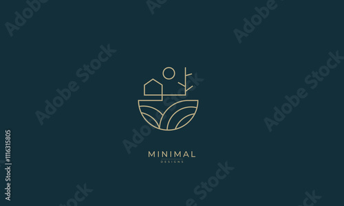 House tree and sun minimal logo , farm logo , countryside house with fields  photo