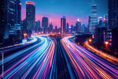 Neon Cityscape, A futuristic metropolis, illuminated background with vibrant neon streaks, evokes a sense of innovation, progress, and connectivity
