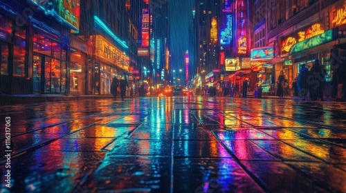 Wallpaper Mural Vibrant city street at night, illuminated by colorful neon lights. Torontodigital.ca