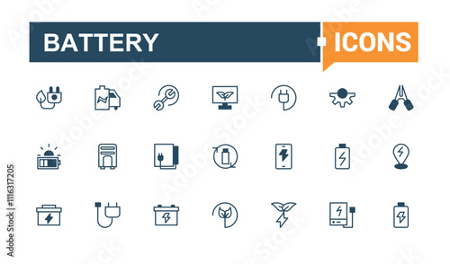 Battery line icons set. Featuring charger, volt, level, status, energy and more. Simple icon designs. Editable vector outline and solid icons.