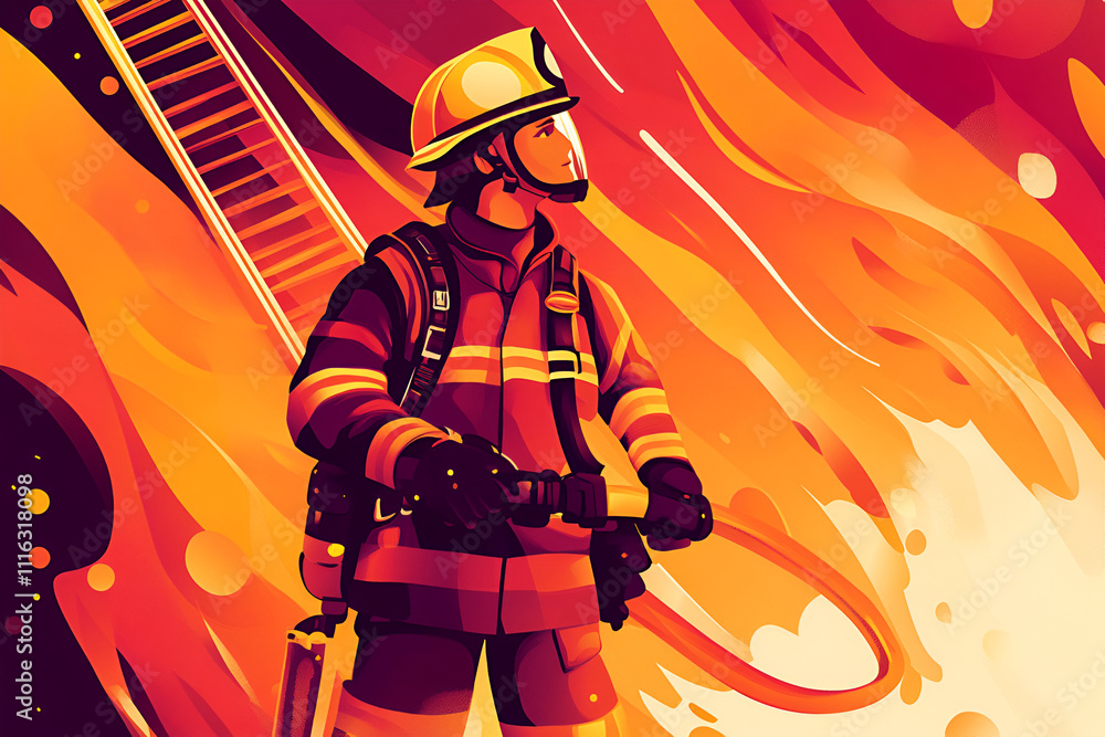 Firefighter in uniform standing against flames Firefighter in uniform standing against flames
