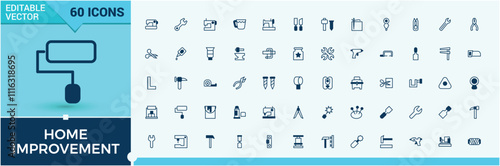 Home Improvement thin line icon set. Contains such icons as equipment, tool, web, spanner, repair, cut, building, paint. Flat UI icon design. Vector line and solid icons.