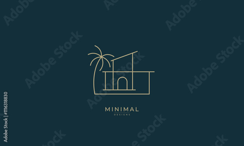 A line art icon logo of a modern house , luxury house , holiday house , real estate business with a tree 