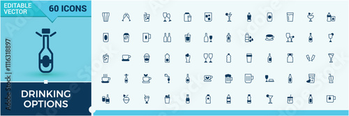 Set of Drinking Options line icons. Contains related to champagne, glass, restaurant, food, fruit, alcohol, beverage, water. Minimalist thin linear icon. Solid line editable vector illustration.