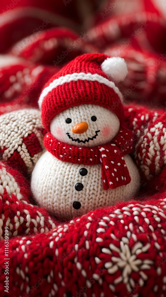 Fototapeta premium Cute snowman in red knitted hat and scarf.
