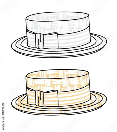 Female boater hat technical flat sketch vector mockup template.