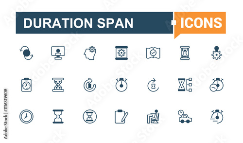 Duration Span vector line icon set. Related to duration and time and more. Isolated icons design. Editable vector outline and solid icons.