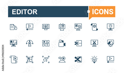 Editor icon set. Contains related to interface, adjust, ui, write, media, align and more. Collection for mobile and web apps. Vector illustration in modern line style.