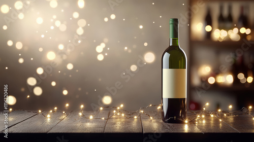 Wine bottle on dark table with twinkling lights