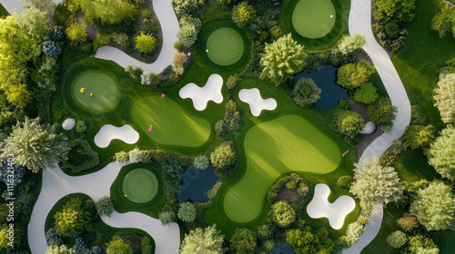 Aerial view of whimsical tiny golf course with vibrant greens and colorful flags