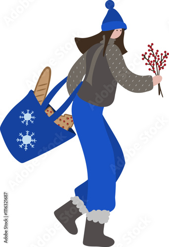 illustration of a woman wearing a bonnet and blue pants. She is carrying a large tote bag with pastries and bread and a sprig of holly.
