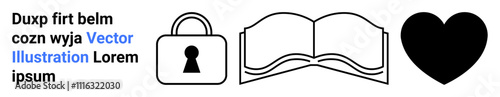 Text and three icons a lock, an open book, and a heart. These elements can symbolize security, knowledge, and love respectively. Ideal for website design, posters, educational content security
