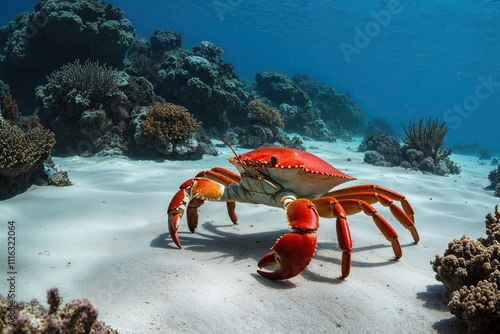 Elegant Crab Movement Across Ocean Floor Surrounded by Breathtaking Underwater Landscapes photo