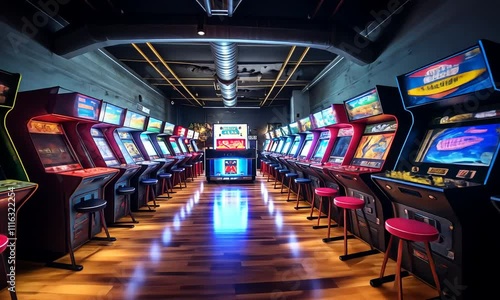 Wallpaper Mural Explore the vibrant arcade showcasing classic games and thrilling experiences in a retro gaming paradise Torontodigital.ca