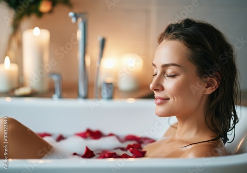 Serene woman enjoying aromatherapy and relaxation in a luxurious bathtub filled with rose petals and foam, surrounded by soft candlelight photo