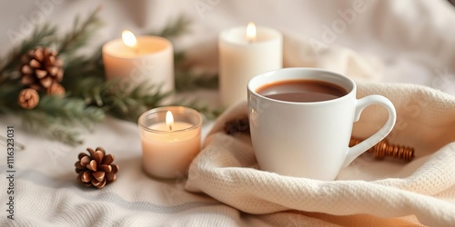 Wallpaper Mural Cozy winter decor in white and beige colors with coffee cup, candles on white background, candles, cozy Torontodigital.ca