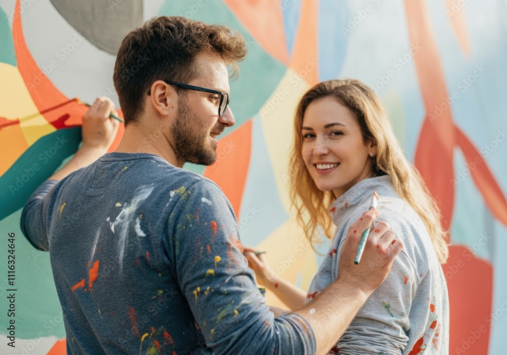 Obraz premium Two young artists are painting a colorful mural on a building wall, enjoying their creative collaboration