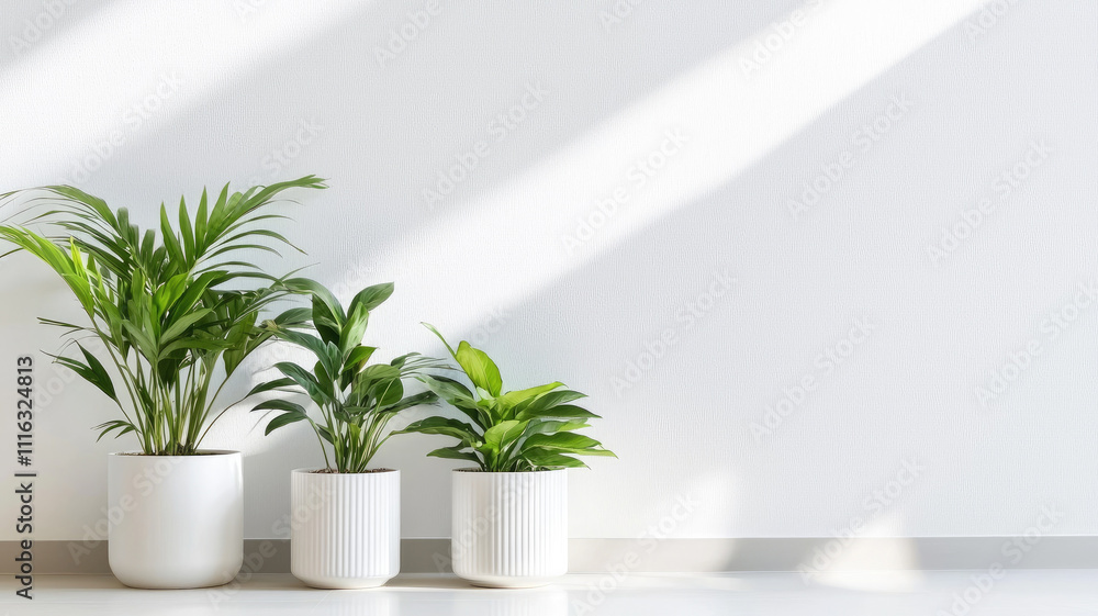 Fototapeta premium Elegant arrangement of tropical plants in modern white pots