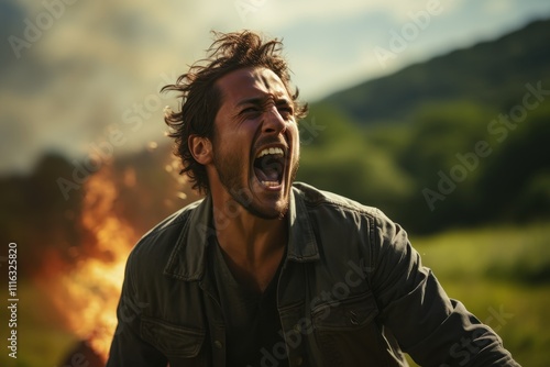 Emotional man expressing intense feelings outdoors with a backdrop of fire and dramatic scenery, highlighting passion, struggle, and the human experience in nature
