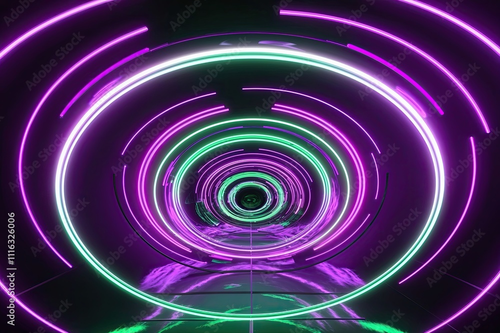 Futuristic 3D Neon Vortex with Purple and Green Glow Reflections Futuristic 3D Neon Vortex with Purple and Green Glow Reflections