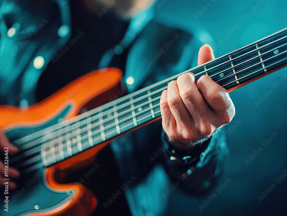 Obraz premium concept of rock and classic music is displayed as bassist plays melodic chords, showcasing energy and passion