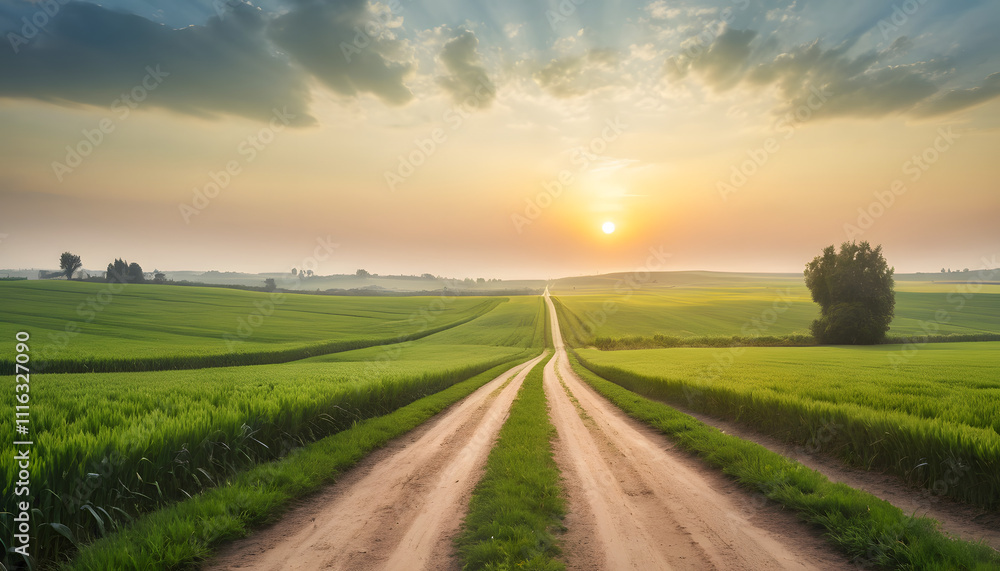 Fototapeta premium Sunset country road through green fields