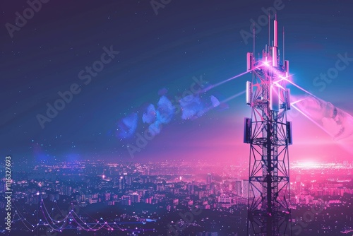 A futuristic telecommunications tower emitting signals over a cityscape.