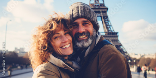 Mature couple showing love near eiffel tower.  Paris the city of love. Generative AI.