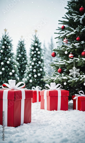 New Year's Eve fir trees outside in the snow amidst the presents