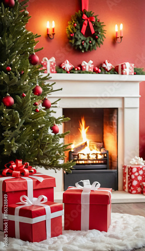 Christmas tree with decorated fireplace, gifts, Christmas postcard