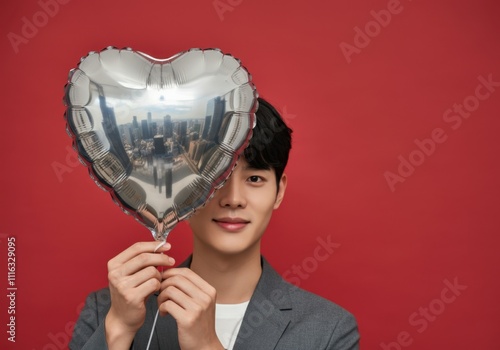 Studio shot of a smiling man holding a reflective heart-shaped balloon in front of his face against a red background photo