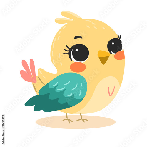 Bright and colorful vector illustration of spring birds, isolated. The bird is small, with soft feathers in pastel shades of pink, yellow and light blue, symbolizing the arrival of spring.